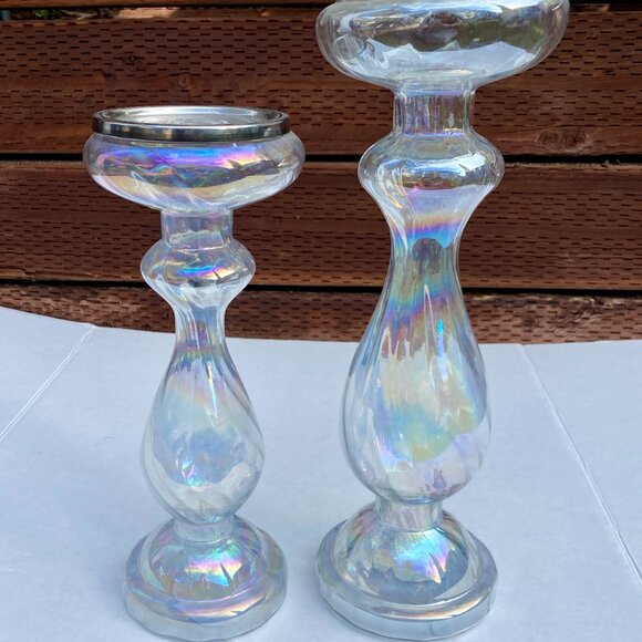 2-Pc A set of Beautiful Pillar Iridescent Glass Candle Holders 2 sizes - Picture 1 of 9